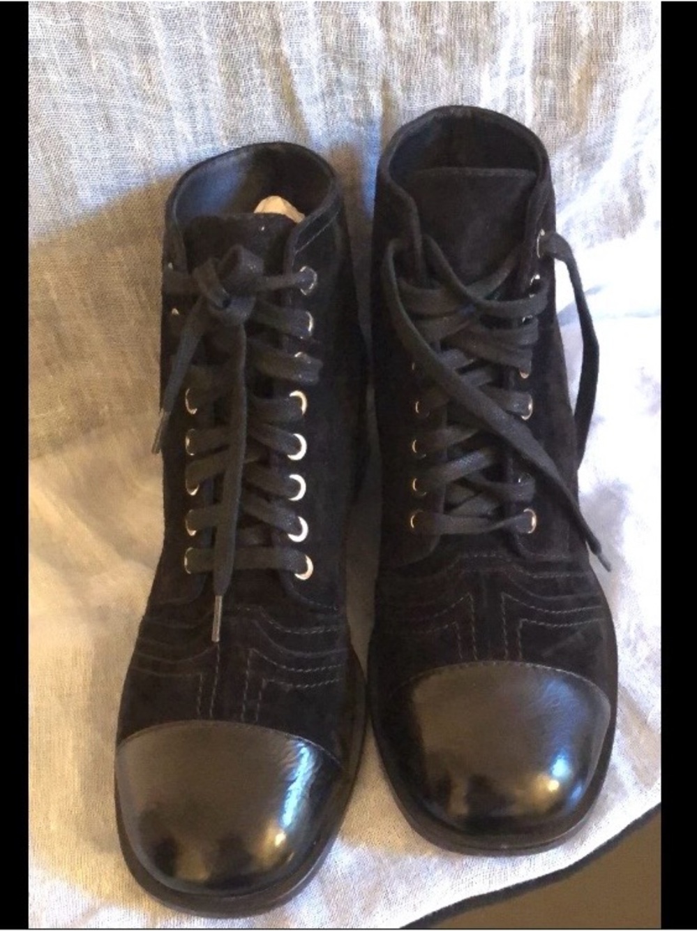 Chanel Patent Cap Toe, Black Suede Lace Up Booties, Size 5